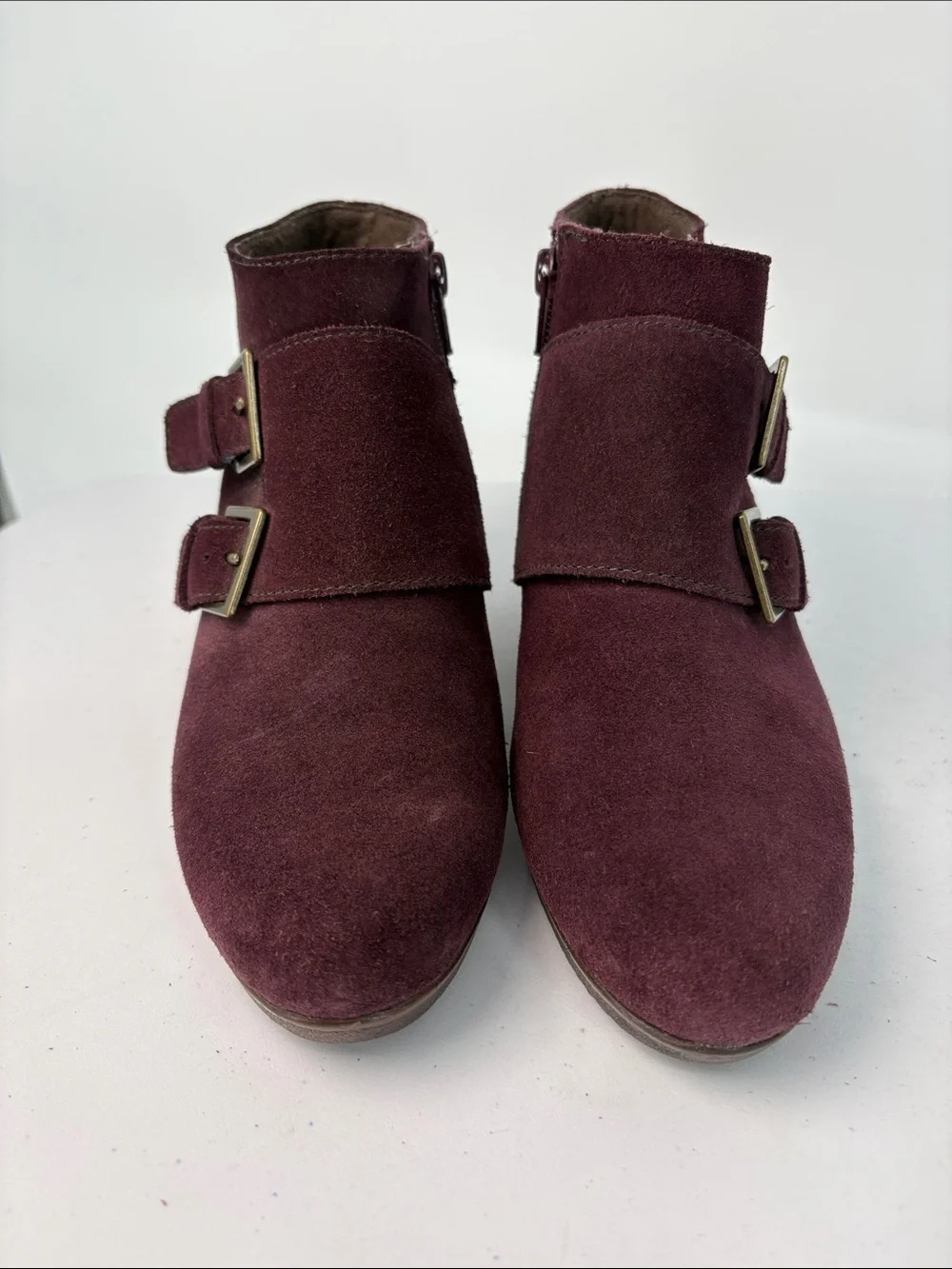 🐾 Munro Burgundy Suede Wedge Ankle Booties with Double Buckles. Style Drew.